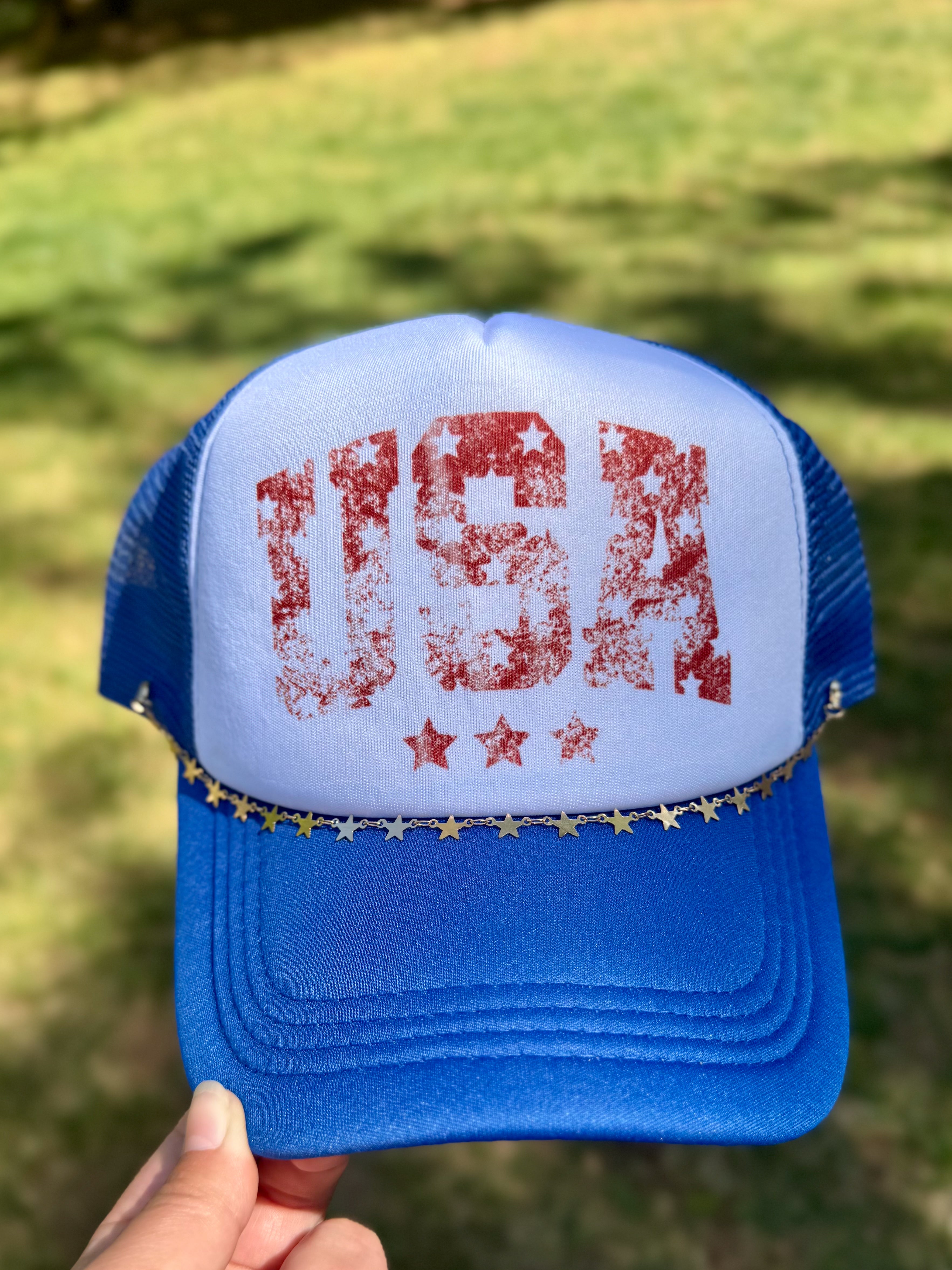 USA Distressed | Adult Custom Foam Royal Trucker Hat