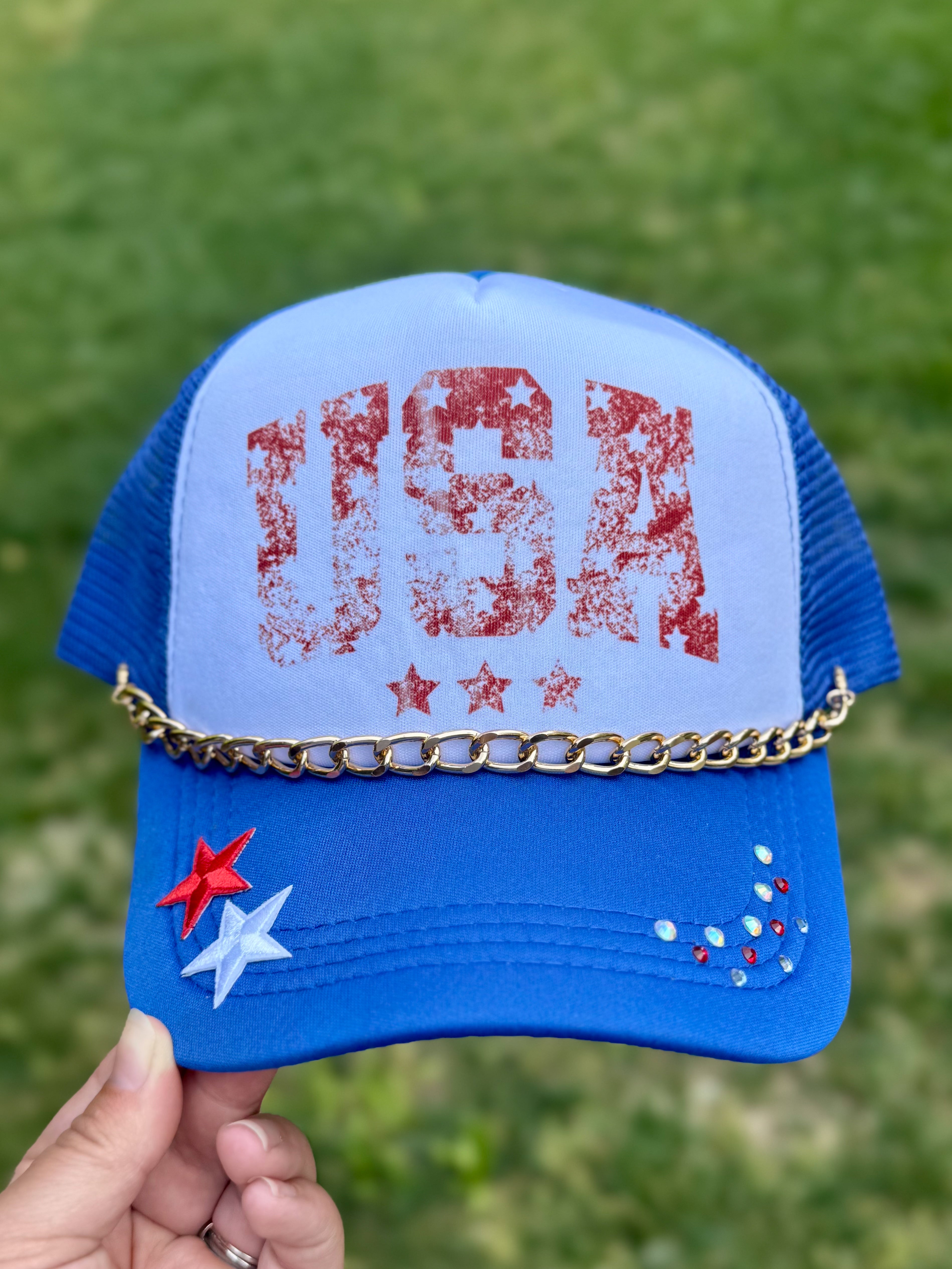 USA Distressed | Adult Custom Foam Royal Trucker Hat