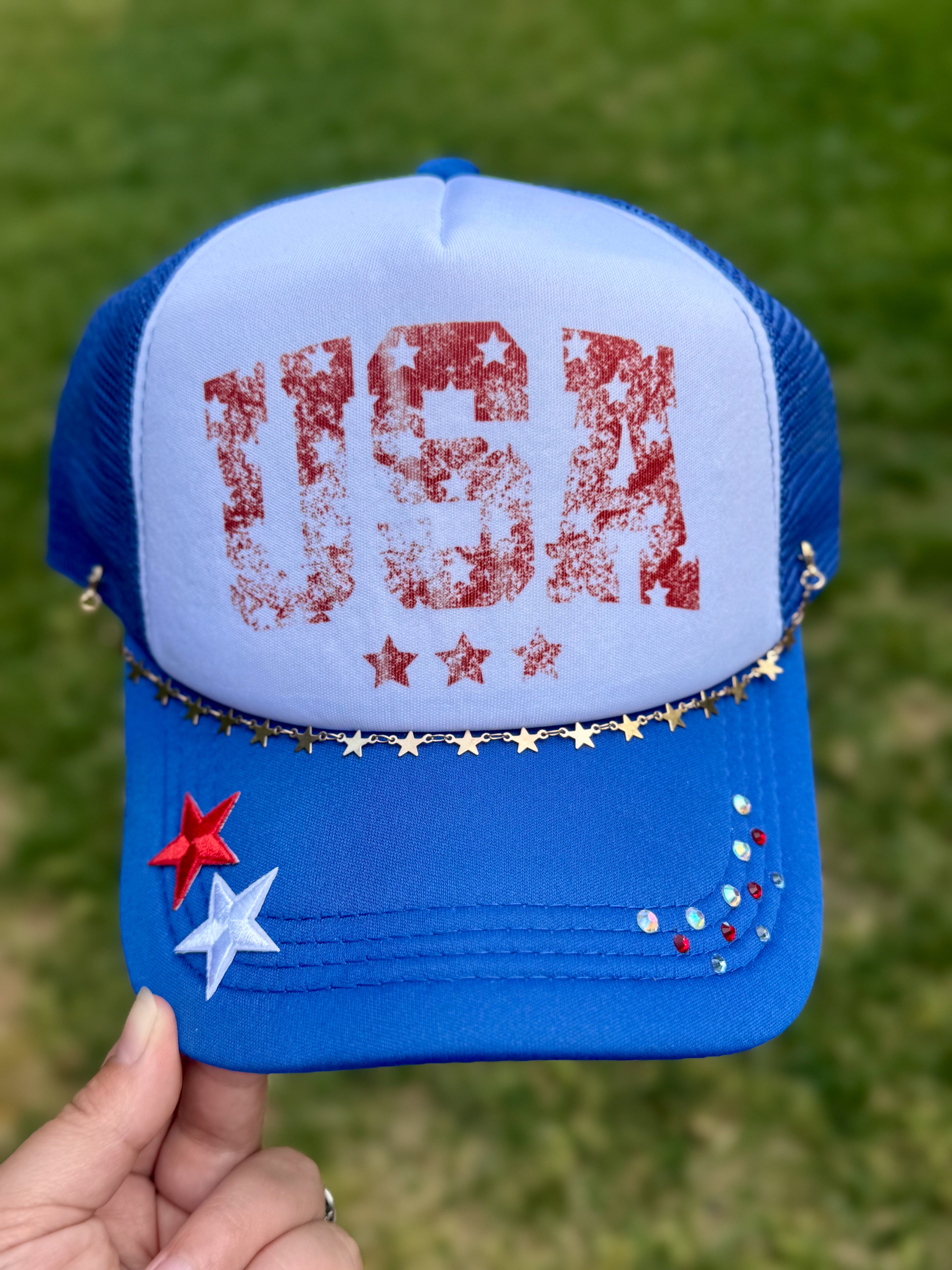 USA Distressed | Adult Custom Foam Royal Trucker Hat