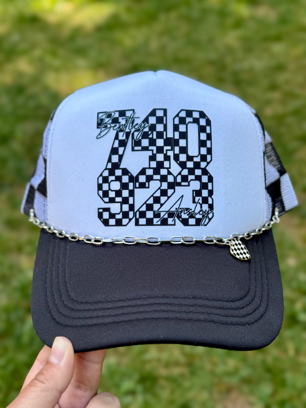 Double Race Life | Adult Custom Foam Black Check Trucker Hat