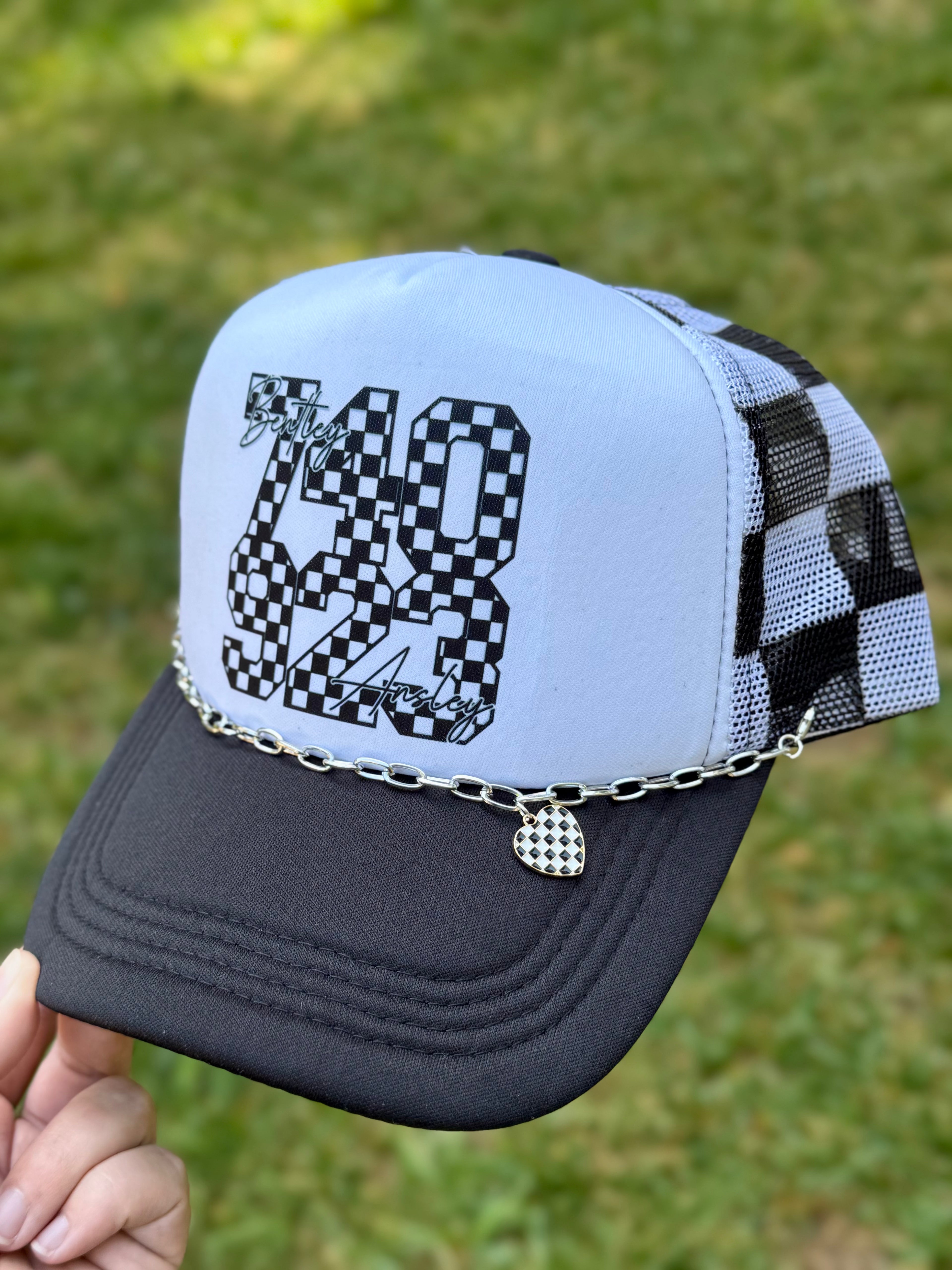 Double Race Life | Adult Custom Foam Black Check Trucker Hat