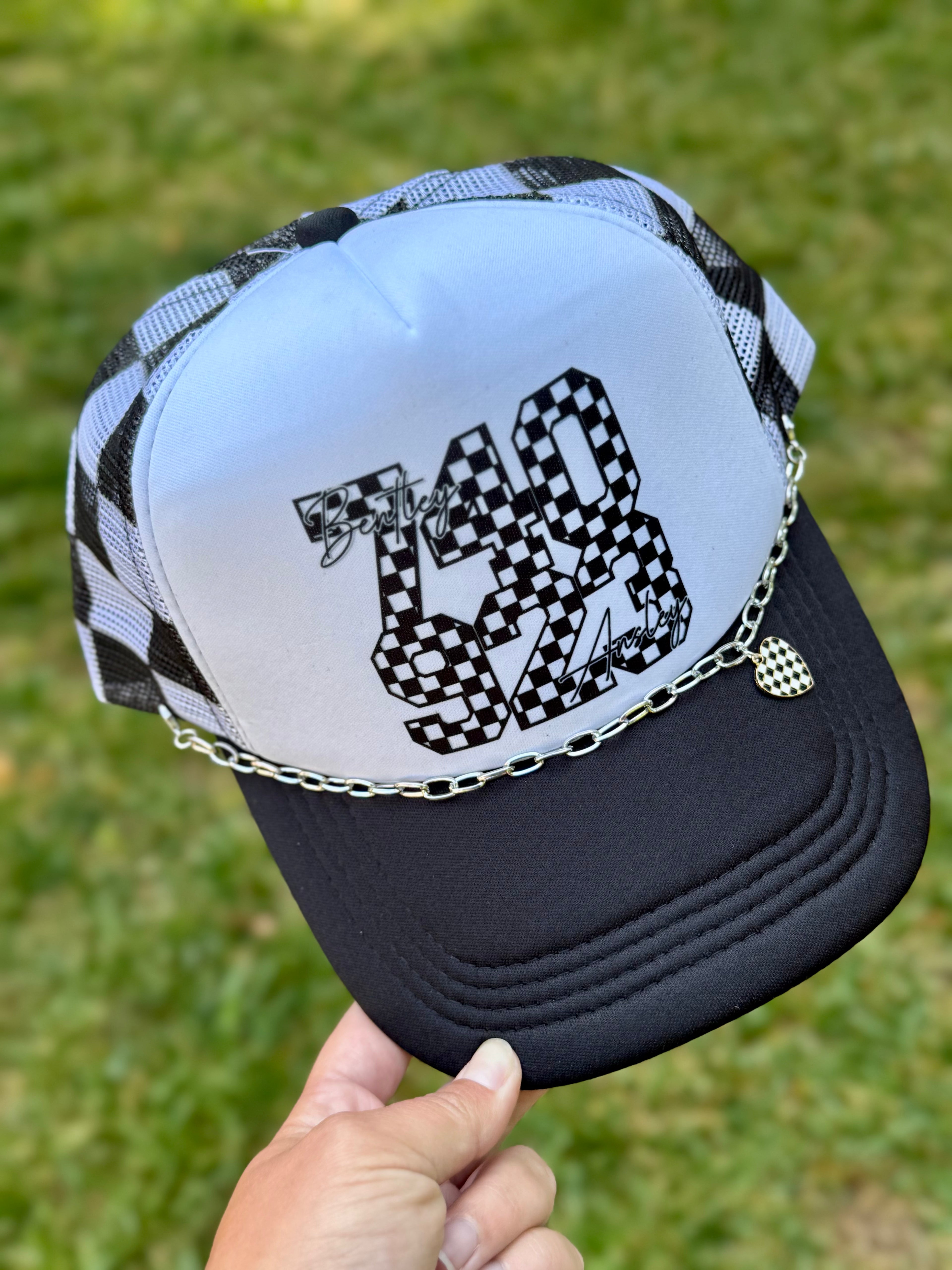 Double Race Life | Adult Custom Foam Black Check Trucker Hat