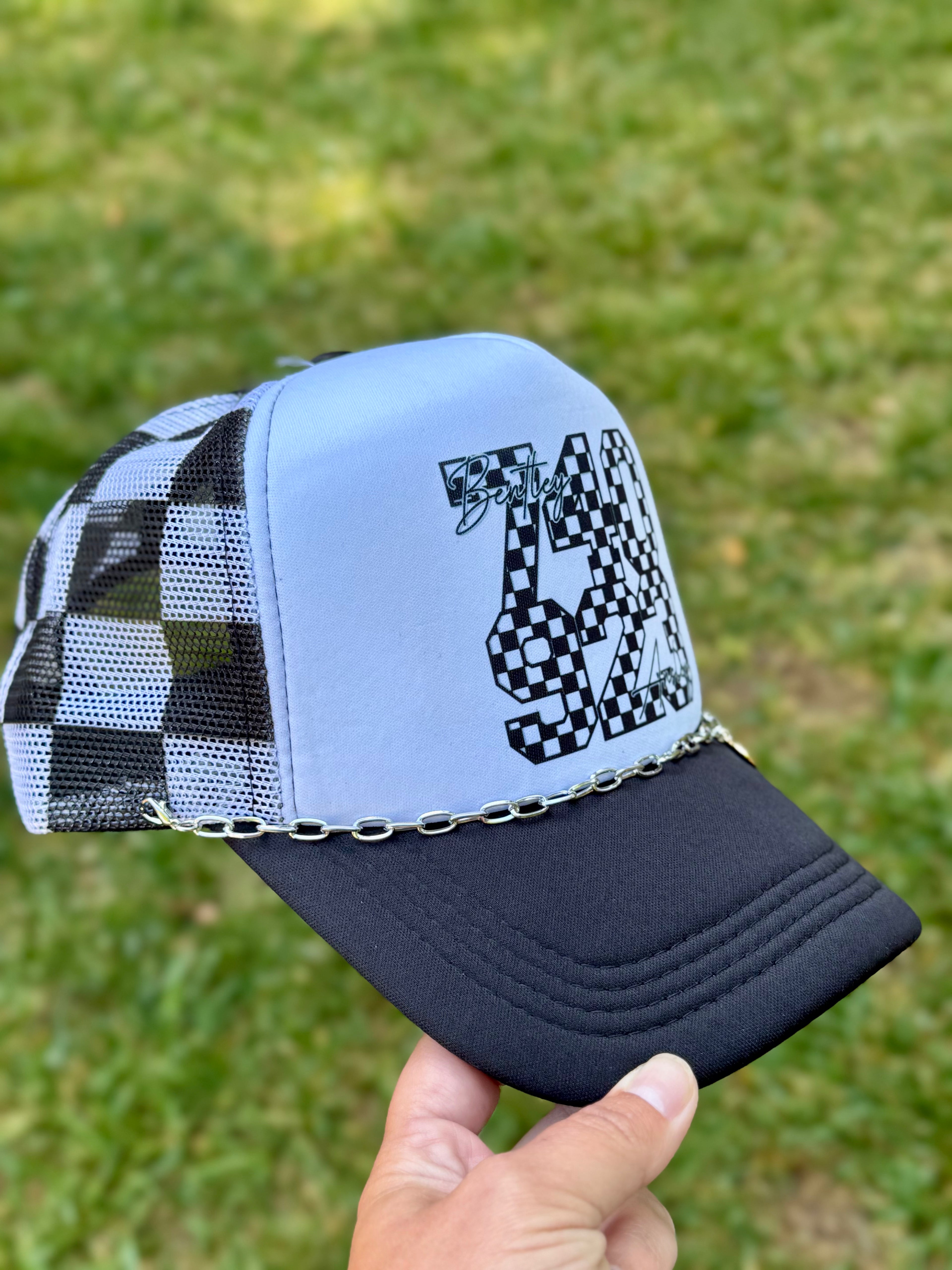 Double Race Life | Adult Custom Foam Black Check Trucker Hat